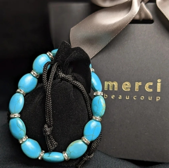 Pretty faux turquoise color beaded bracelet with CZ, oblong shape beads - Picture 5 of 10